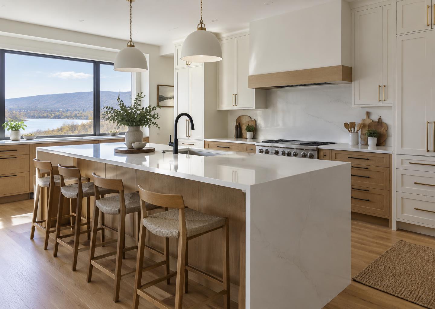 Cuisine rénovée lumineuse avec îlot en quartz et armoires en bois