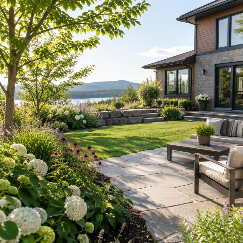 Jardin aménagé avec patio et plantations