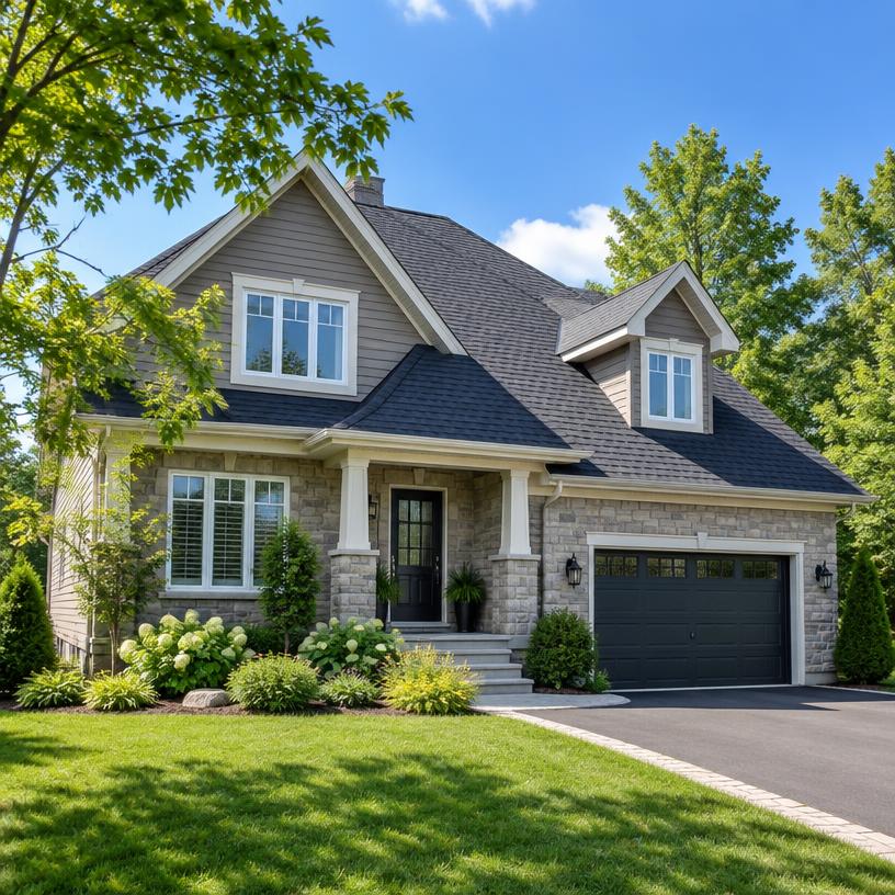 Maison québécoise avec toiture en bardeaux
